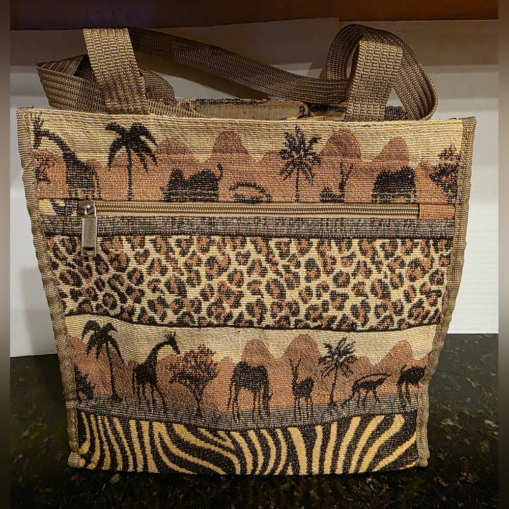 Vintage 1990's Tapestry Style African Safari Print 12" ×5" Tote Bag w/ Zippers